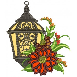 Ornate Lantern With Flowers Applique Machine Embroidery Design Digitized Pattern